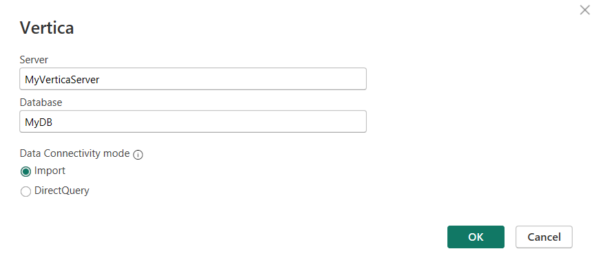Image de la boîte de dialogue Vertica avec un nom de serveur entré et le mode de connectivité de données importées sélectionné.