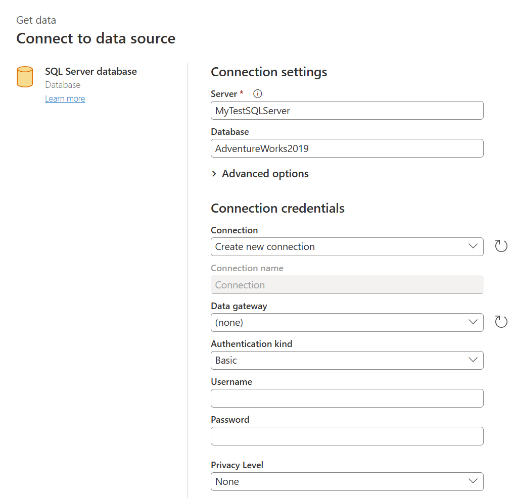 Informations d’identification ou URL pour les connexions de données.