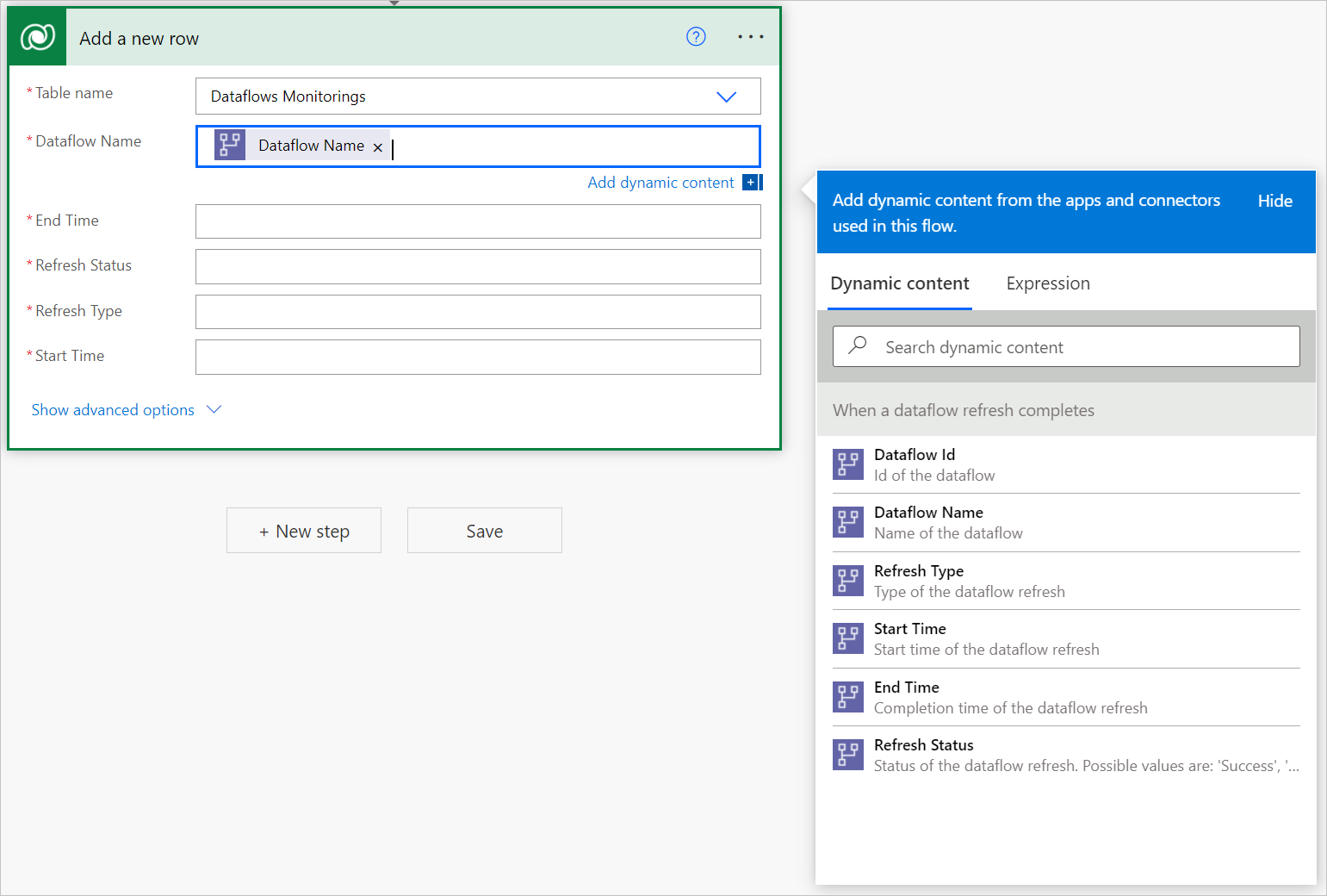 Image montrant l’ajout du contenu dynamique Nom du flux de données ajouté au champ Nom du flux de données.