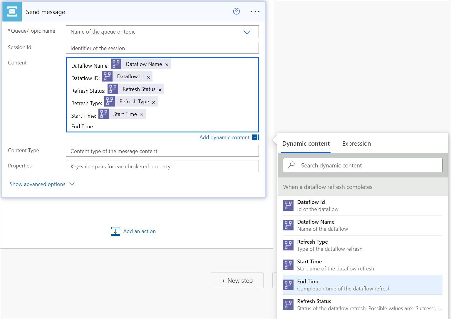 Screenshot of the Send message connector with the Content field filled in with content from the dynamic content dialog box.