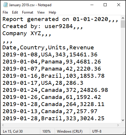 Exemple de fichier CSV pour janvier 2019 affichant la section d'en-tête et le reste des données, séparés par des virgules.