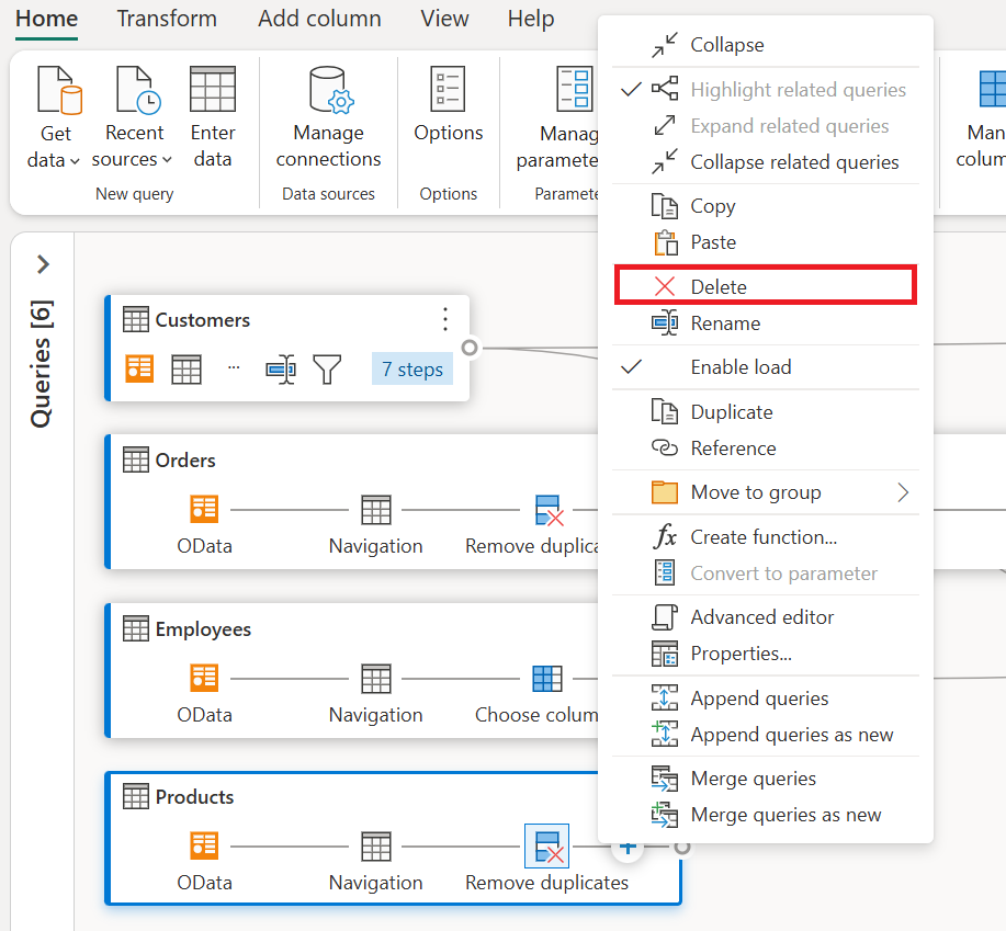 Option Supprimer dans le menu contextuel de la requête.