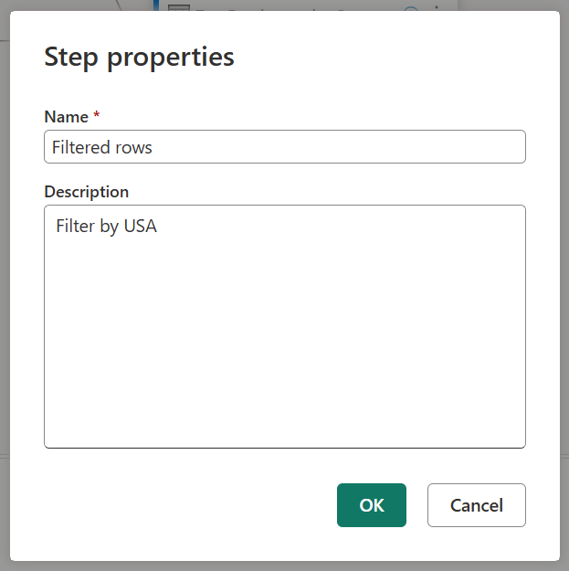 Fenêtre Propriétés de l’étape pour l’étape nommée « Filtered rows » (Lignes filtrées) et une description indiquant « Filter by US » (Filtrer sur USA).