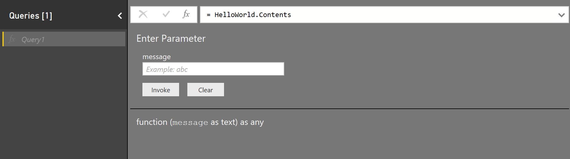 Capture d’écran de l’invite de fonction Power Query avec le champ Entrer un paramètre et les boutons Invoquer et Effacer.