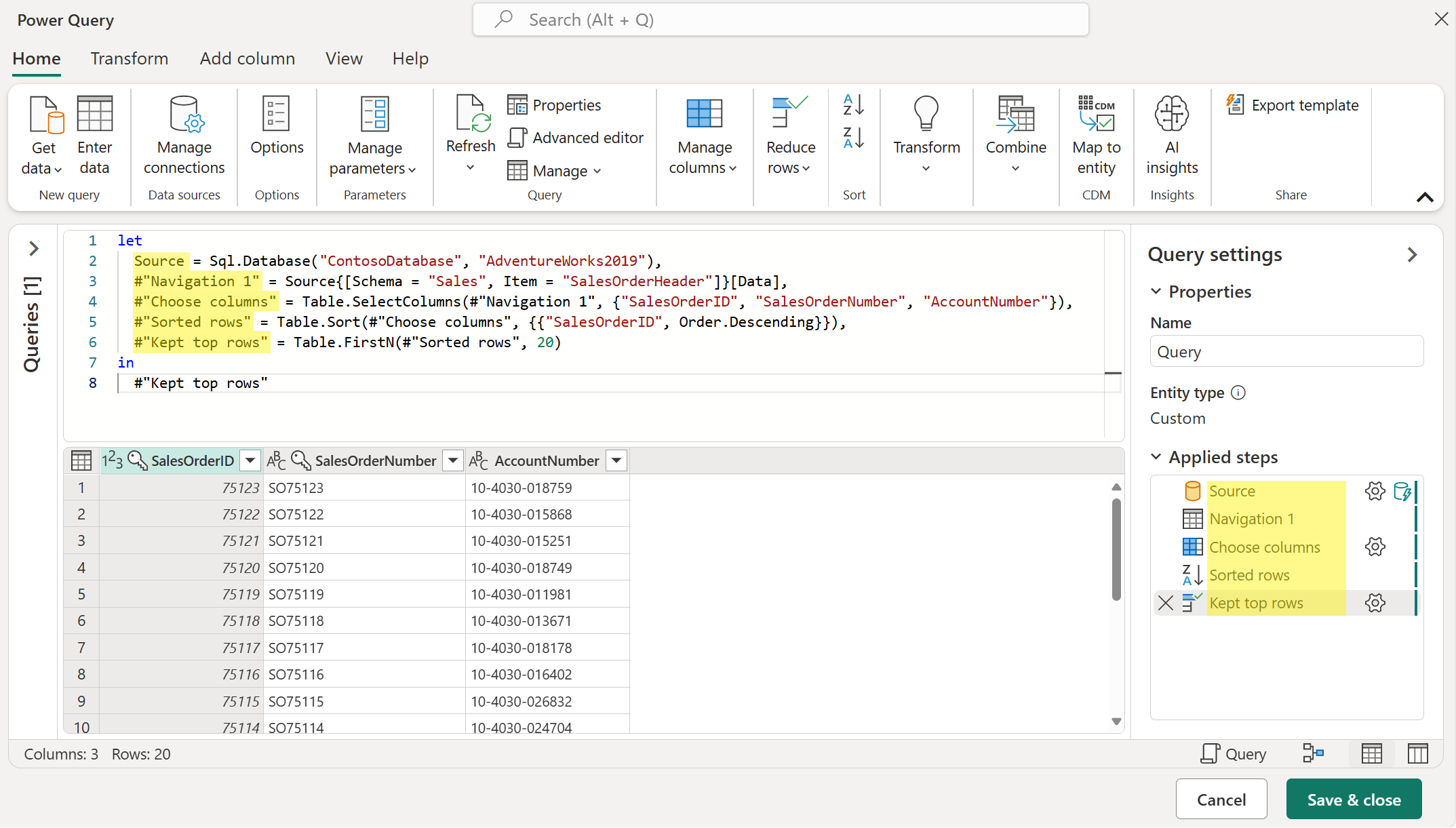 Image montrant le script M complet et les coms correspondants des étapes appliquées.