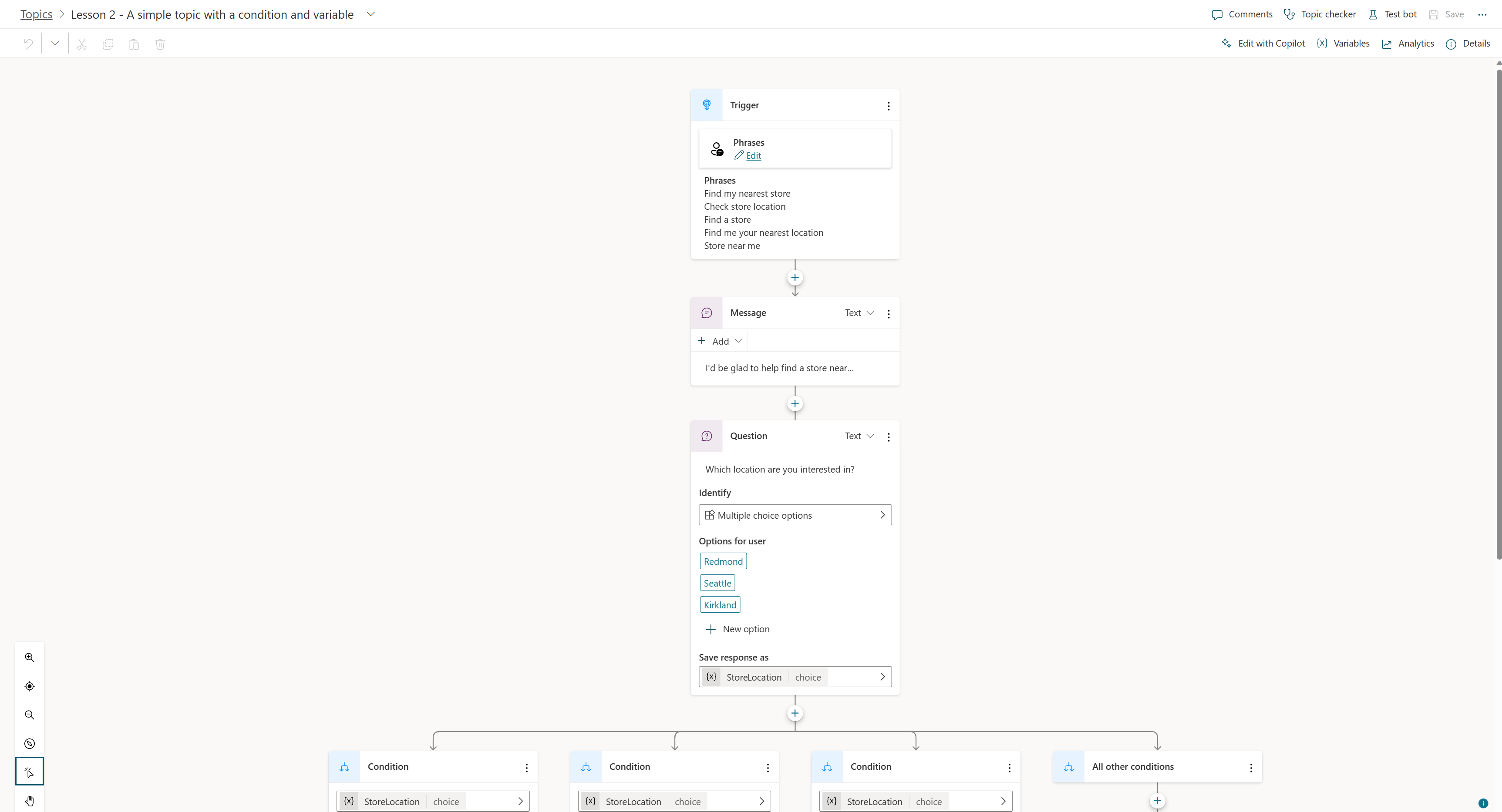 Capture d’écran du canevas de création Microsoft Copilot Studio avec l’interface utilisateur mise à jour