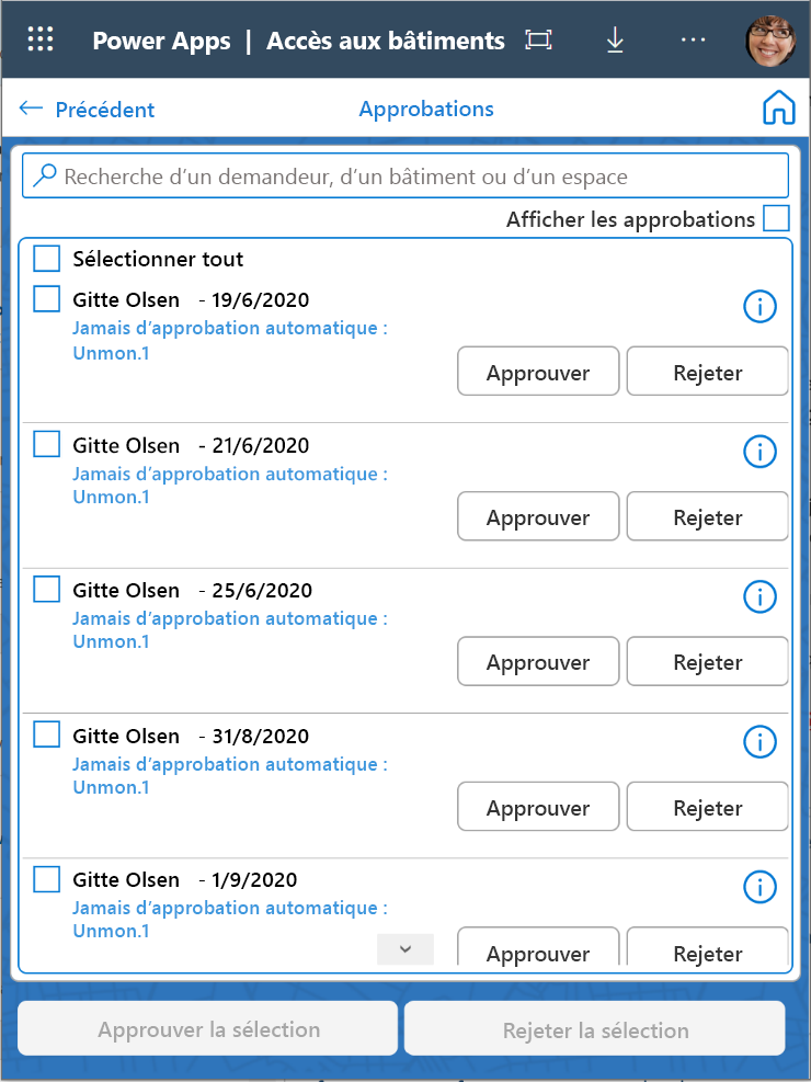 Capture d’écran des approbations d’application Building Access.