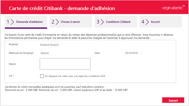 Capture d’écran de l’application de demande de carte de crédit Virgin Atlantic.