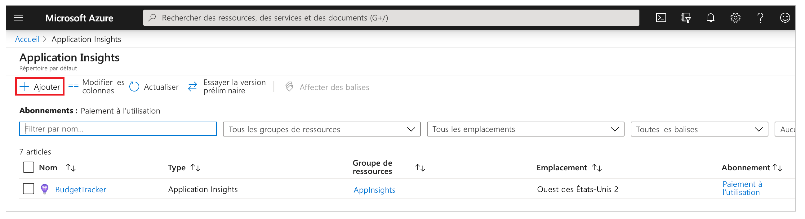 Ajouter une ressource Application Insights.