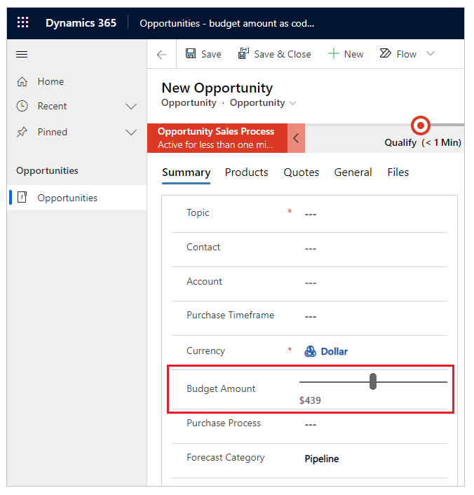 Contrôle Slider ajouté au champ Montant du budget dans un formulaire d’application pilotée par modèle Contrôle Slider ajouté au champ Montant budgétaire dans un formulaire d’application pilotée par modèle.