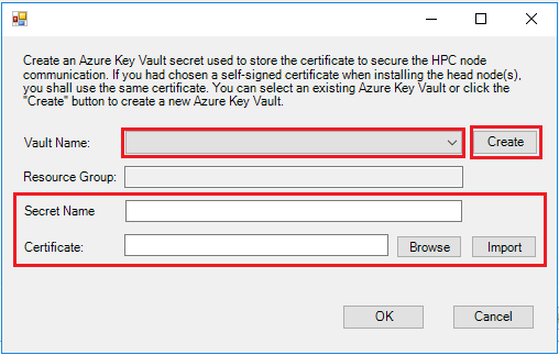 Screenshot shows the key vault dialog box. The valult name, secret name, and certificate sections are highlighted.