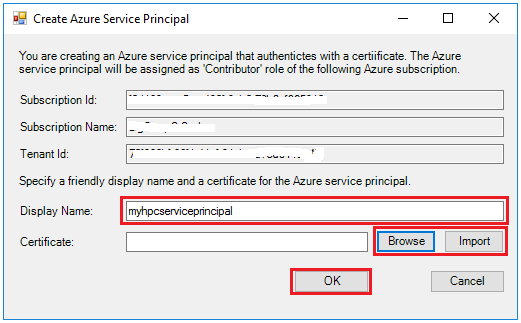Screenshot shows the Create Azure Service Principal dialog box. Display name, browse, import and ok are highlighted.