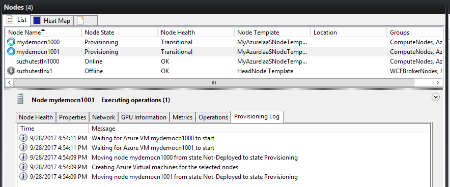 Screenshot shows the nodes page. The provisioning log shows the operations that are executing.