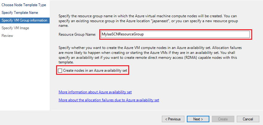 Screenshot shows the Specify V M Group information page with Resource Group Name highlighted. Create nodes in an Azure Availability set is unchecked.