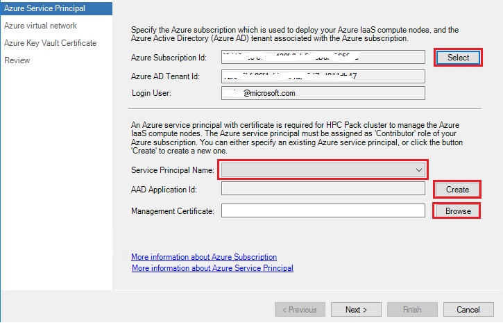 Screenshot of the Azure Service Principal page. Select, create, browse and the service principal name are highlighted.