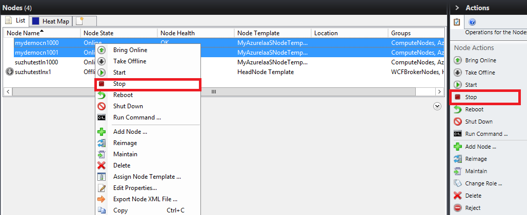 Screenshot shows the Nodes list with two nodes selected. Stop is highlighted in the main pane and in the Actions pane.