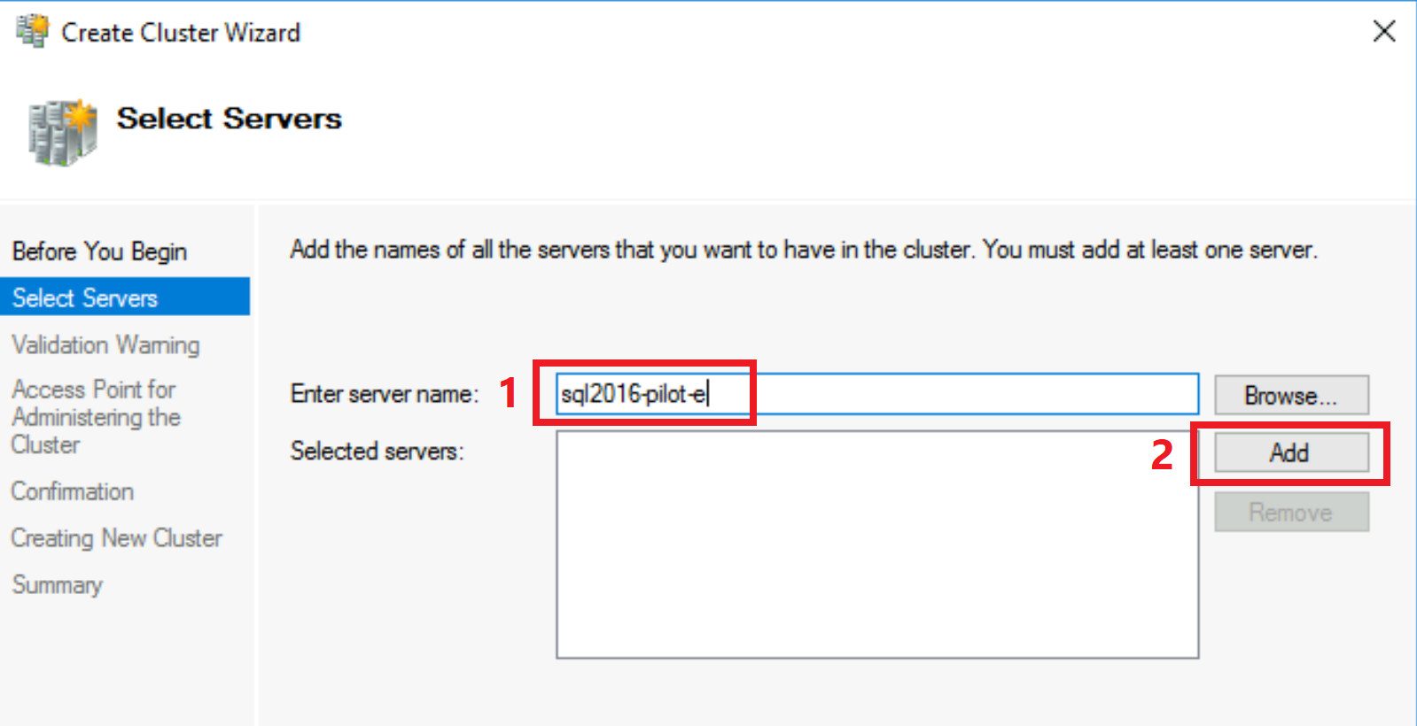 Capture d’écran de l’entrée Windows Server nom d’hôte lors de la création de WSFC.