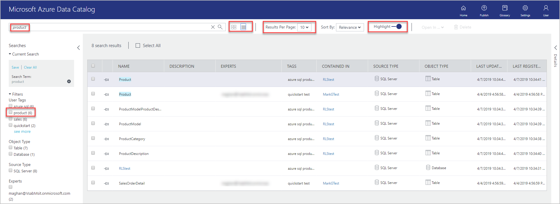 Dans la barre de recherche, «&nbsp;produits&nbsp;» est toujours entré, et les options de liste et d’affichage grille sont mises en surbrillance en regard de la barre de recherche. L’option « Résultats par page » est définie sur 10 et l’option « Surbrillance » est définie sur « on », de sorte que 10 résultats sont affichés sur la page, avec toutes les références à « produit » mises en surbrillance.