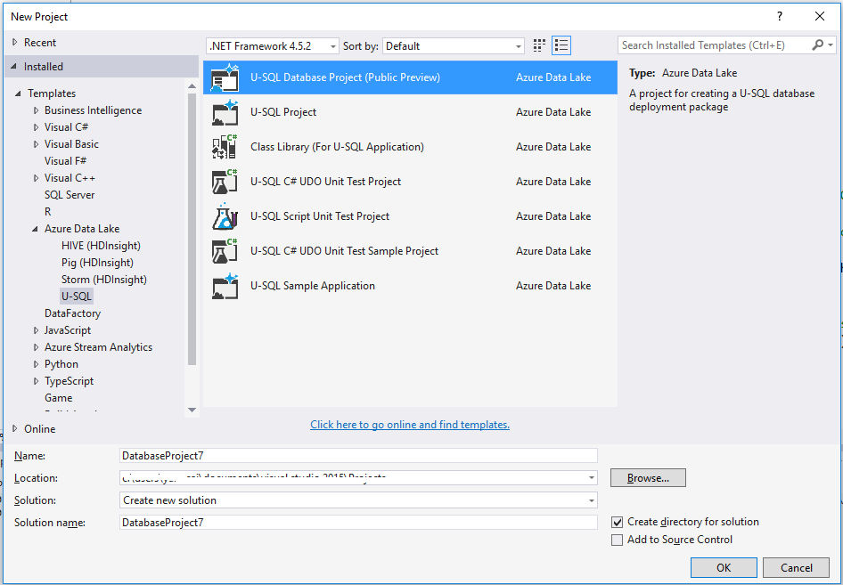 Data Lake Tools pour Visual Studio - Créer un projet de base de données U-SQL