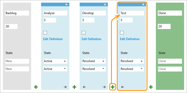 Screenshot that shows selections for adding a Test column.