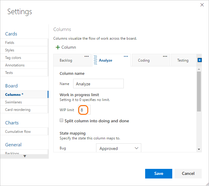 Settings, Columns, set WIP limits