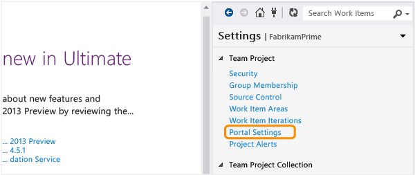 ALM_PG_PortalSettings Open Portal Settings page from Team Explorer