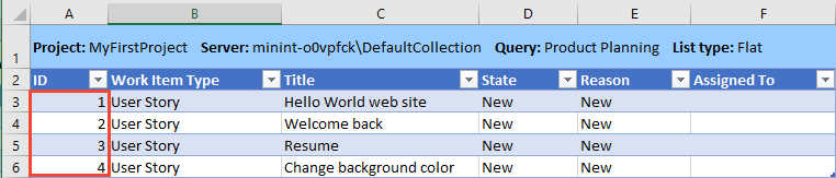 Published work item IDs show in Excel