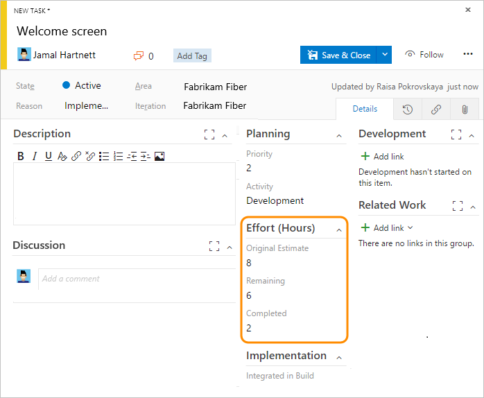 Agile task work item form