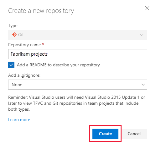 Create new repository dialog