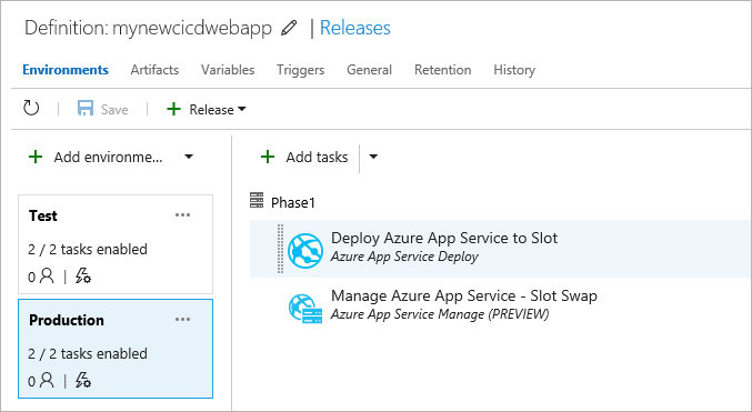 Viewing the Production environment in the newly created release pipeline