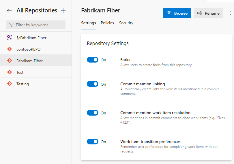 Screenshot of Project Settings>Repositories>Settings showing work tracking options.