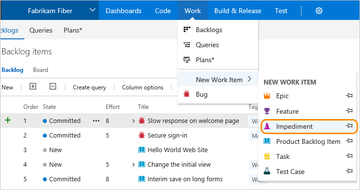 Screenshot to add an Impediment from the New Work Item list, TFS 2018.