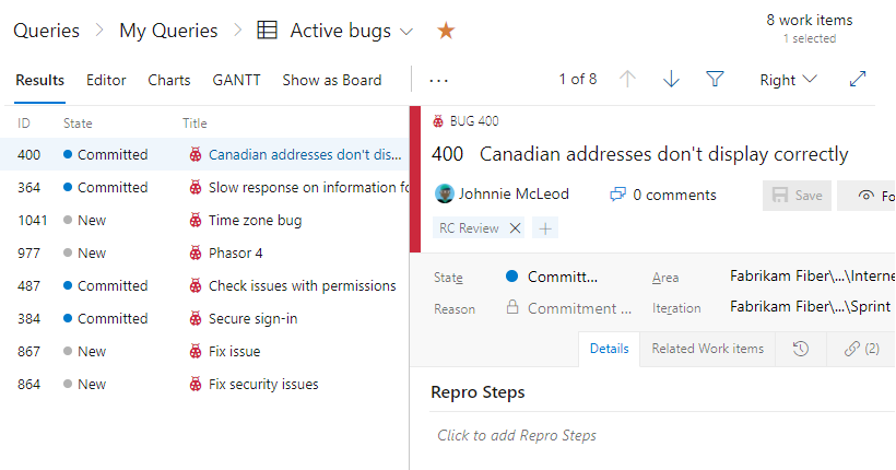 Screenshot of Query Results, Active Bugs, and Triage mode Right pane.