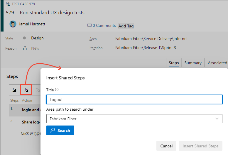 Screenshot of Insert Shared Steps dialog.