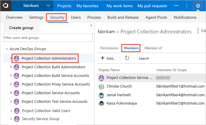 Screenshot shows Security, Project Collection Administrators group, Members tab.