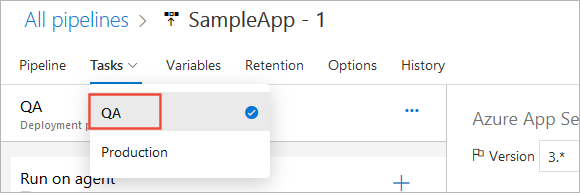 A screenshot showing how to navigate to stage tasks in a release pipeline.