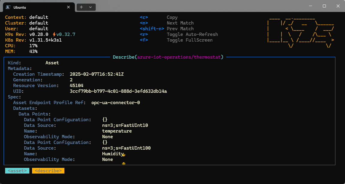 Capture d’écran montrant la ressource thermostat en tant que ressource personnalisée Kubernetes.