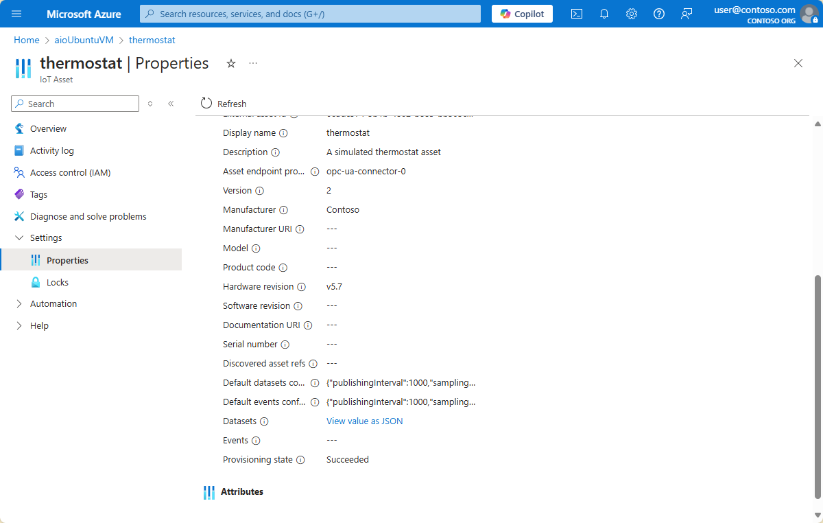 Capture d’écran montrant la ressource thermostat dans le portail Azure.