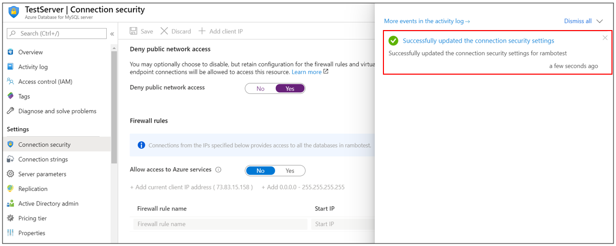 Azure Database pour MySQL - Refus d’accès réseau réussi