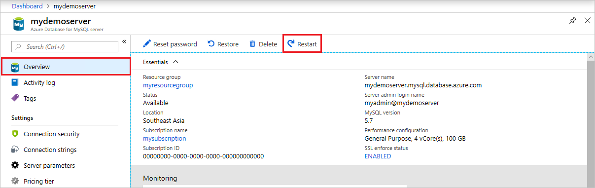 Azure Database pour MySQL - Vue d’ensemble - Bouton Redémarrer