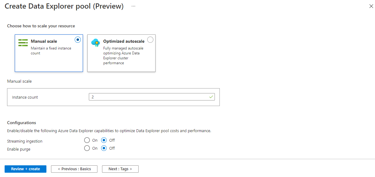 Paramètres avancés pour le nouveau pool Data Explorer du portail Azure