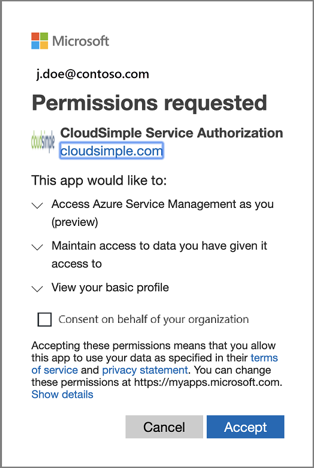 Consentement à l’autorisation du service CloudSimple - Administrateur général
