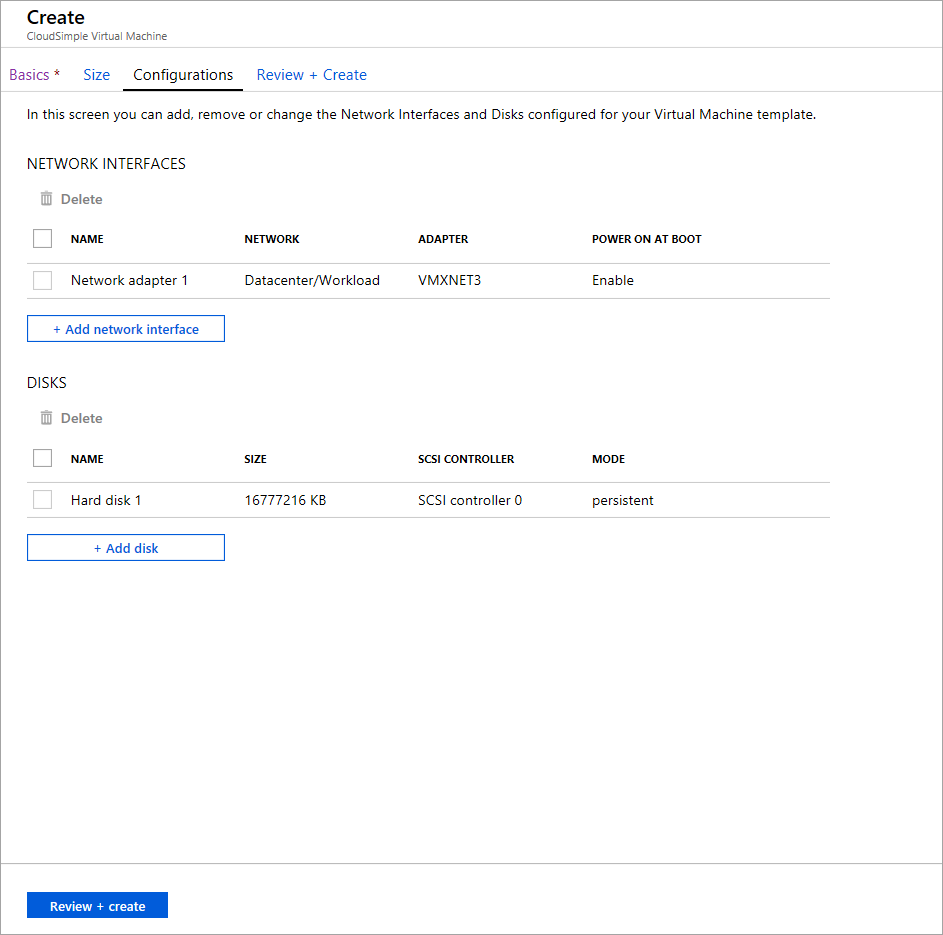 Créer une machine virtuelle CloudSimple - configurations