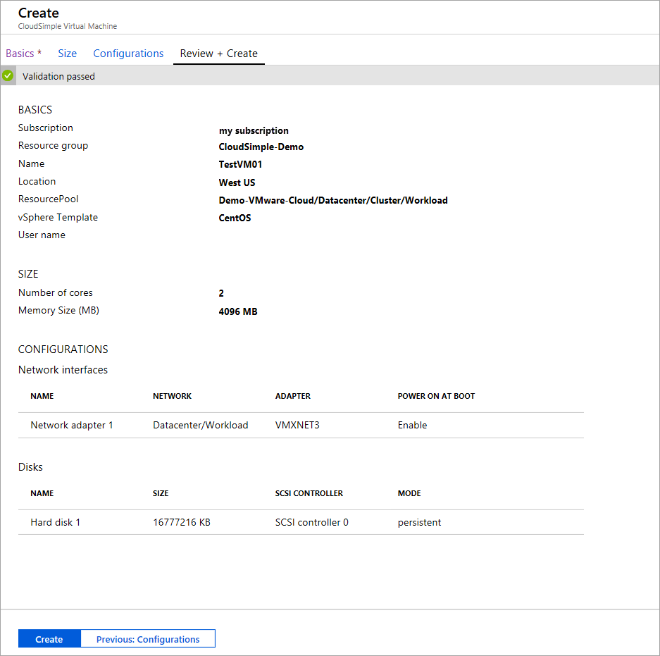 Créer une machine virtuelle CloudSimple - passez en revue