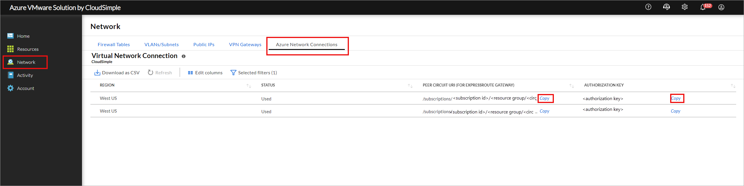 Page Connexion de réseau virtuel