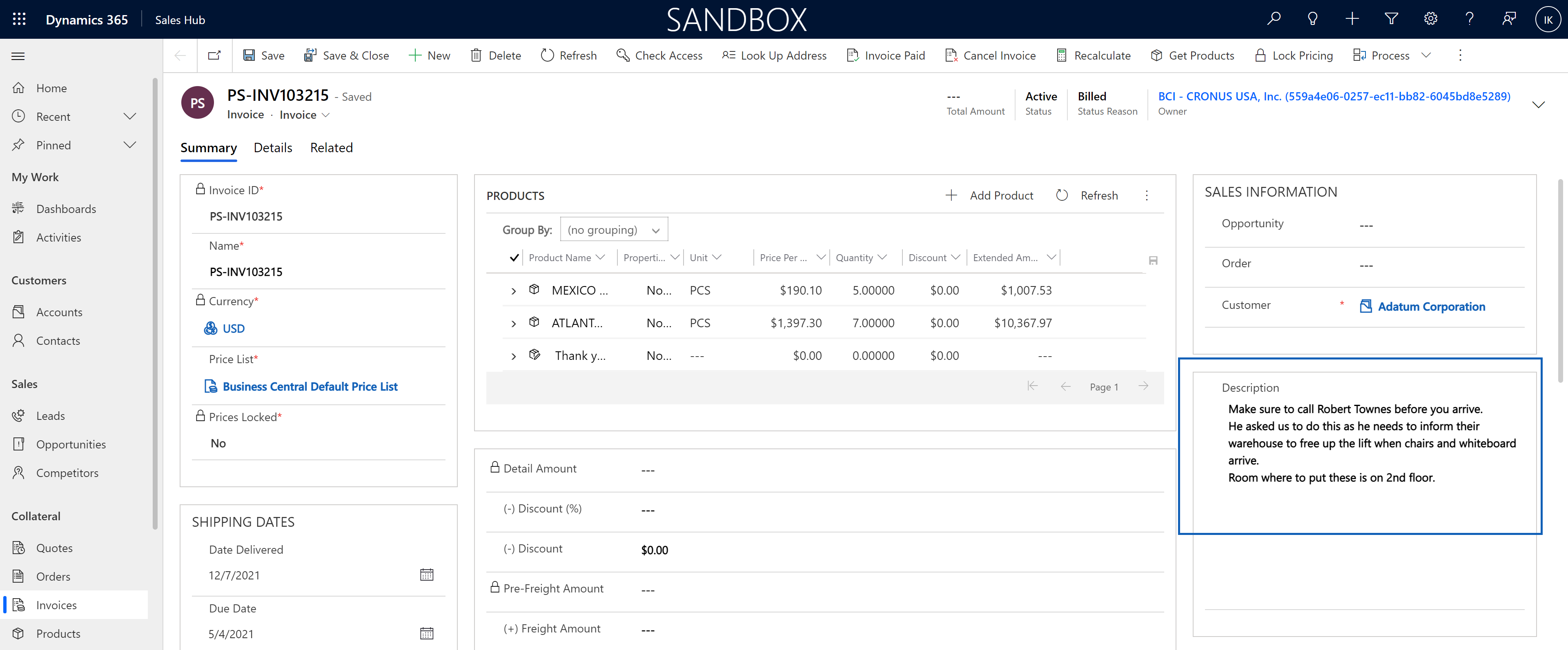 Affiche une facture dans Dynamics&nbsp;365 Sales avec une description transférée depuis le champ Description du travail.