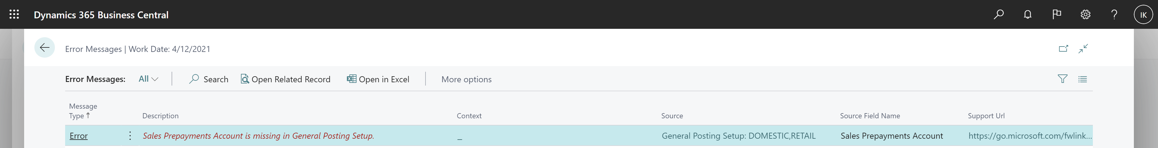 Affiche la page Messages d’erreur avec un exemple d’erreur de groupe comptabilisation.