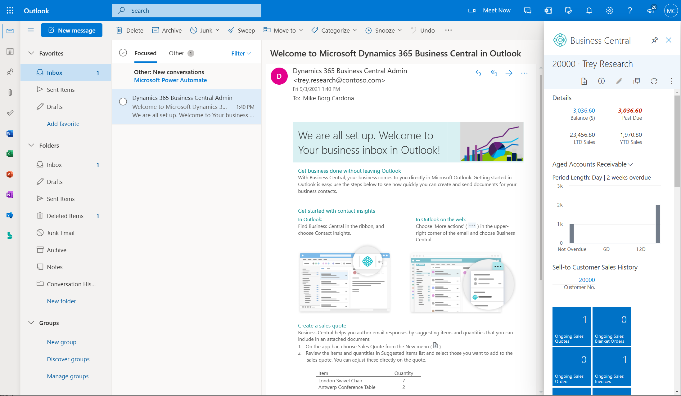Outlook pour le web, affichant l’exemple d’e-mail envoyé par Business&nbsp;Central.