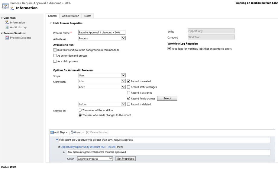 Définir les propriétés d'action à partir d'un workflow