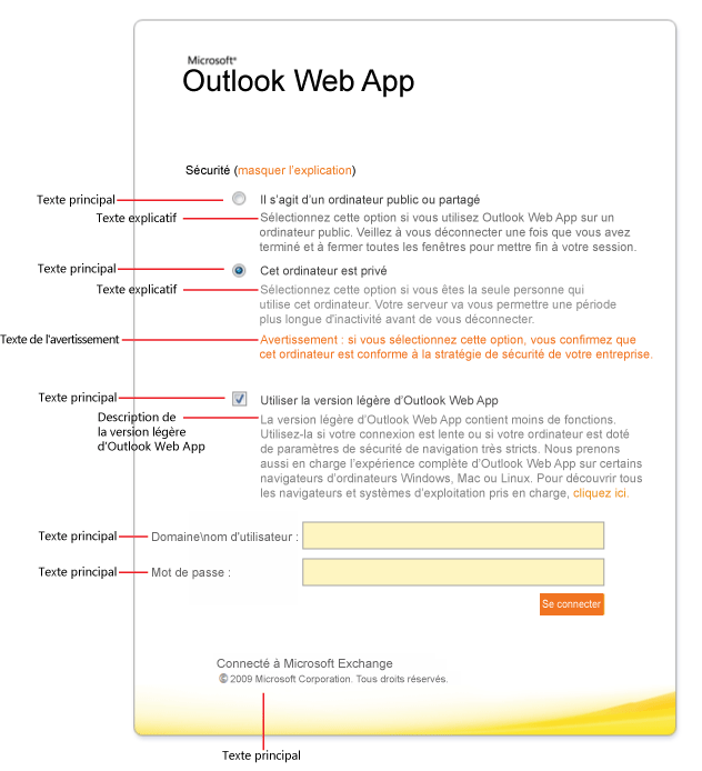 Options de texte de la page de connexion d'Outlook Web App